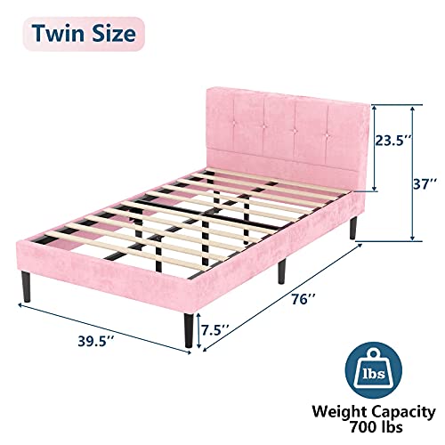 Twin Size Fabric Upholstered Platform Bed Frame with Button Tufted Stitched Headboard, Mattress Foundation with Metal Wood Slat Support, No Box Spring Needed, Noise Free Design, Easy Assembly, Pink