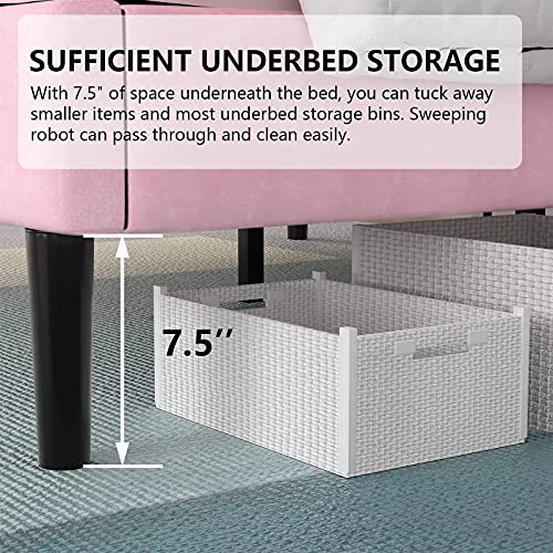 Twin Size Fabric Upholstered Platform Bed Frame with Button Tufted Stitched Headboard, Mattress Foundation with Metal Wood Slat Support, No Box Spring Needed, Noise Free Design, Easy Assembly, Pink