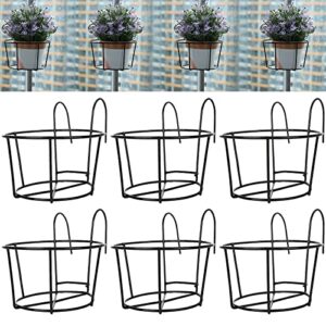 fviexe 6pcs hanging railing planter, over the rail flower pot holder hanger, balcony planters railing hanging, round plant baskets metal potted stand mounted deck porch patio for indoor outdoor, black