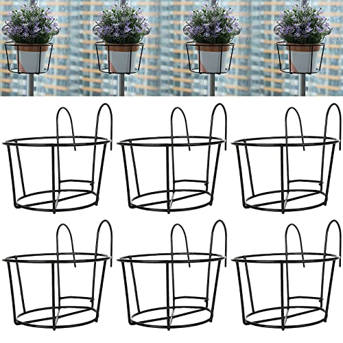 FVIEXE 6PCS Hanging Railing Planter, Over the Rail Flower Pot Holder Hanger, Balcony Planters Railing Hanging, Round Plant Baskets Metal Potted Stand Mounted Deck Porch Patio for Indoor Outdoor, Black