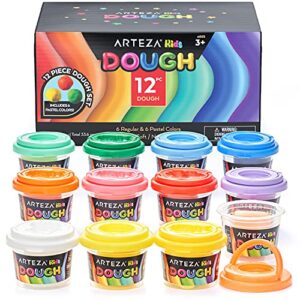 arteza kids play dough, 6 pastel and 6 regular colors, 2.8-oz tubs, soft, air-tight containers, art supplies for kids crafts and playtime activities