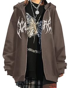 missactiver women’s casual graphic printed hoodies oversized zip up 90s e-girl streetwear grunge jacket