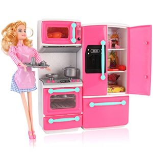 doll size pink gourmet kitchen cooking toy play set | play house & accessories with doll | girls pretend play furniture appliances with lights & sound