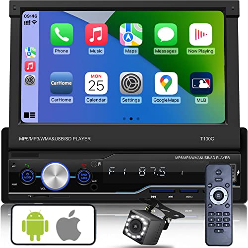 Single Din Apple Carplay,Car Stereo with Bluetooth 5.0,Flip Out Touchscreen Car Radio,Single Din Touch Screen Display Radio,FM Radio/Android Auto/Rear View Camera/