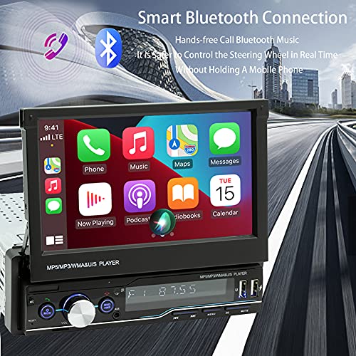 Single Din Apple Carplay,Car Stereo with Bluetooth 5.0,Flip Out Touchscreen Car Radio,Single Din Touch Screen Display Radio,FM Radio/Android Auto/Rear View Camera/