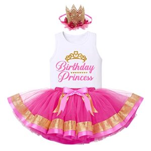 toddler kid baby girl 1/2/3/4/5/6 year old birthday party dress sleeveless printed vest tops+princess tulle tutu skirt+flower crown outfit summer clothes cake smash photography hot pink 4-5 years