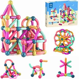 ritons 64 pcs magnetic balls and rods building sticks blocks set vibrant colors different sizes curved shapes children educational stacking stem magnet toys for kids age 3+