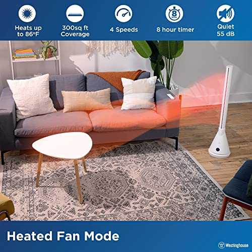 Westinghouse Electric Fan 40 Inches 2-in-1 Digital Bladeless With Heater - Crafted With 80° Oscillating Function, 1-9 Air Speed, 45° Tipping Automatic Power Off, Touch-Sensitive Control, 26W (White)