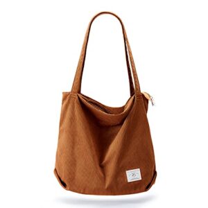 kalidi women corduroy tote bag large shoulder bag with zipper pockets big capacity casual handbags shopping bag for girls, brown