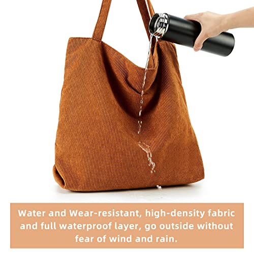KALIDI Women Corduroy Tote Bag Large Shoulder Bag with Zipper Pockets Big Capacity Casual Handbags Shopping Bag for Girls, Brown