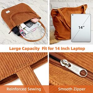 KALIDI Women Corduroy Tote Bag Large Shoulder Bag with Zipper Pockets Big Capacity Casual Handbags Shopping Bag for Girls, Brown
