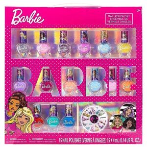 barbie movie 18 piece kids water-based nail polish activity makeup set, includes nail polish with nail gems wheel and nail file for parties, sleepovers and makeovers, townley girl