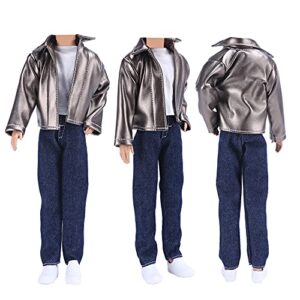 E-TING Leather Coat Suit Cool Wild Motorcycle Style Couple Clothes for 11.5 inch Girl Doll and 12 inch Boy Doll (Metallic)
