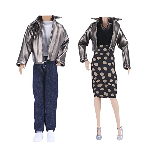 E-TING Leather Coat Suit Cool Wild Motorcycle Style Couple Clothes for 11.5 inch Girl Doll and 12 inch Boy Doll (Metallic)