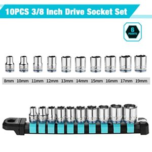 DURATECH 3/8" Drive Socket Set, Metric Socket Set 10PCS, Mechanic Metric Socket Sets with Storage Rack, 6-Point Shallow Socket Set, 8mm, 10mm, 11mm, 12mm, 13mm, 14mm, 15mm, 16mm, 17mm, 19mm