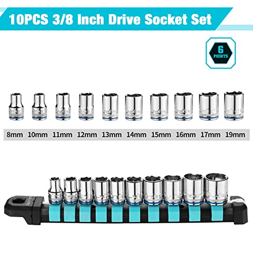 DURATECH 3/8" Drive Socket Set, Metric Socket Set 10PCS, Mechanic Metric Socket Sets with Storage Rack, 6-Point Shallow Socket Set, 8mm, 10mm, 11mm, 12mm, 13mm, 14mm, 15mm, 16mm, 17mm, 19mm