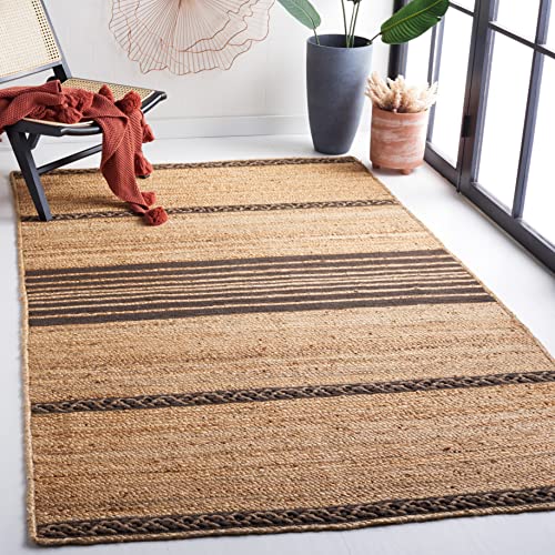 SAFAVIEH Natural Fiber Collection Accent Rug - 4' x 6', Natural & Brown, Handmade Stripe Boho Farmhouse Rustic Braided Jute, Ideal for High Traffic Areas in Entryway, Living Room, Bedroom (NFB262T)