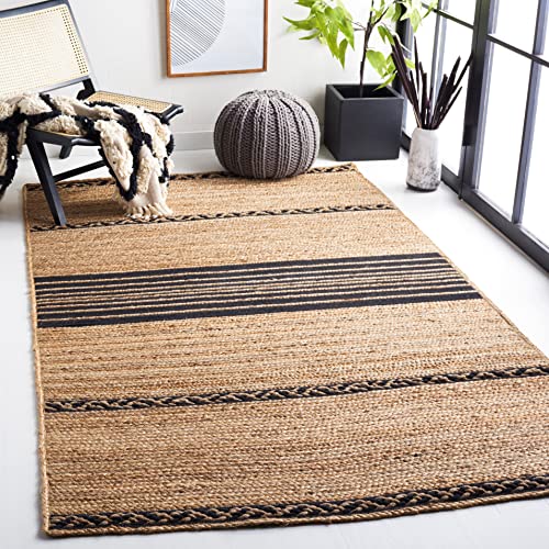 SAFAVIEH Natural Fiber Collection Accent Rug - 4' x 6', Natural & Black, Handmade Stripe Boho Farmhouse Rustic Braided Jute, Ideal for High Traffic Areas in Entryway, Living Room, Bedroom (NFB262Z)