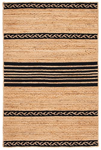 SAFAVIEH Natural Fiber Collection Accent Rug - 4' x 6', Natural & Black, Handmade Stripe Boho Farmhouse Rustic Braided Jute, Ideal for High Traffic Areas in Entryway, Living Room, Bedroom (NFB262Z)