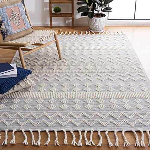 SAFAVIEH Natura Collection Accent Rug - 4' x 6', Ivory & Light Blue, Handmade Moroccan Boho Rustic Braided Tassel Wool, Ideal for High Traffic Areas in Entryway, Living Room, Bedroom (NAT342A)