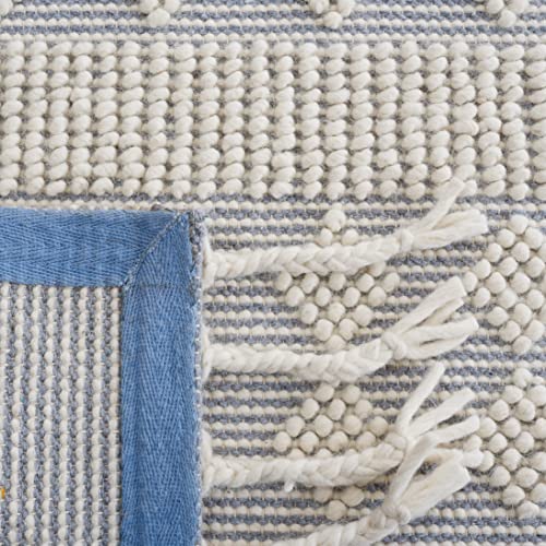 SAFAVIEH Natura Collection Accent Rug - 4' x 6', Ivory & Light Blue, Handmade Moroccan Boho Rustic Braided Tassel Wool, Ideal for High Traffic Areas in Entryway, Living Room, Bedroom (NAT342A)