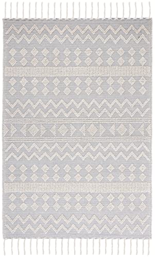 SAFAVIEH Natura Collection Accent Rug - 4' x 6', Ivory & Light Blue, Handmade Moroccan Boho Rustic Braided Tassel Wool, Ideal for High Traffic Areas in Entryway, Living Room, Bedroom (NAT342A)