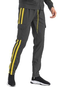 weiv gear men’s track pants – casual two stripe cargo pocket ankle zipper sweatpants joggers active athletic workout tp500 blkyel m black/yellow
