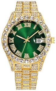 lgxige mens big rocks with roman numerals fully ice out colorful dial gold watch (gold green)