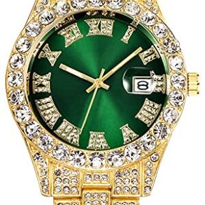 LGXIGE Mens Big Rocks with Roman Numerals Fully Ice Out Colorful Dial Gold Watch (Gold Green)