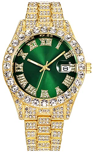 LGXIGE Mens Big Rocks with Roman Numerals Fully Ice Out Colorful Dial Gold Watch (Gold Green)