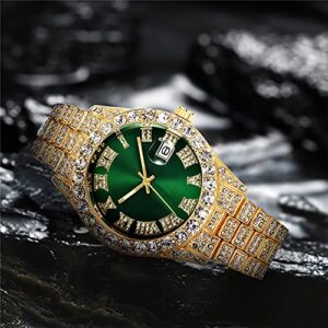 LGXIGE Mens Big Rocks with Roman Numerals Fully Ice Out Colorful Dial Gold Watch (Gold Green)