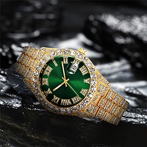 LGXIGE Mens Big Rocks with Roman Numerals Fully Ice Out Colorful Dial Gold Watch (Gold Green)