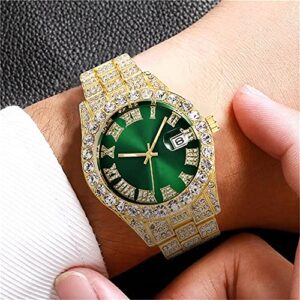 LGXIGE Mens Big Rocks with Roman Numerals Fully Ice Out Colorful Dial Gold Watch (Gold Green)