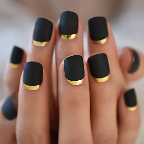 iMABC Matte Black Full Cover Short Round Press On Nails Gold Metallic Line Designed Plastic Frosted Cute Fake False Nails Set 24pcs Stick on Tips Manicure