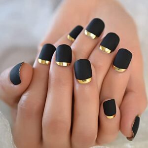 iMABC Matte Black Full Cover Short Round Press On Nails Gold Metallic Line Designed Plastic Frosted Cute Fake False Nails Set 24pcs Stick on Tips Manicure