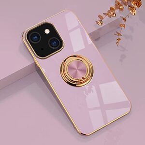 aowner compatible with iphone 13 mini ring holder stand case glitter plating rose gold edge 360 rotation kickstand for women slim soft flexible tpu protective cover case - 5.4 inch (2021), purple
