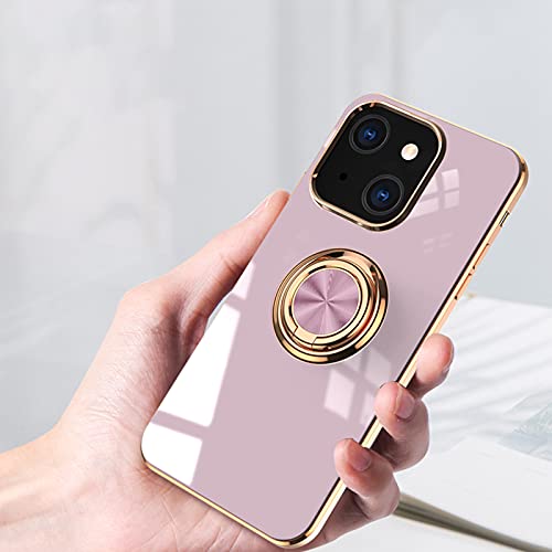 aowner Compatible with iPhone 13 Mini Ring Holder Stand Case Glitter Plating Rose Gold Edge 360 Rotation Kickstand for Women Slim Soft Flexible TPU Protective Cover Case - 5.4 Inch (2021), Purple