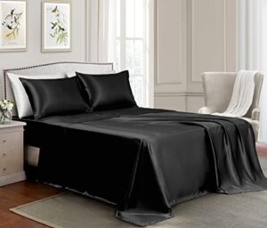 golal satin sheets full size - 4 pieces luxury silky soft bed sheets, wrinkle-free black satin silk sheet set with 1 deep pocket fitted sheet, 1 flat sheet, 2 pillow cases