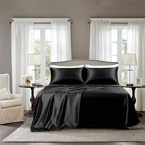 GOLAL Satin Sheets Full Size - 4 Pieces Luxury Silky Soft Bed Sheets, Wrinkle-Free Black Satin Silk Sheet Set with 1 Deep Pocket Fitted Sheet, 1 Flat Sheet, 2 Pillow Cases