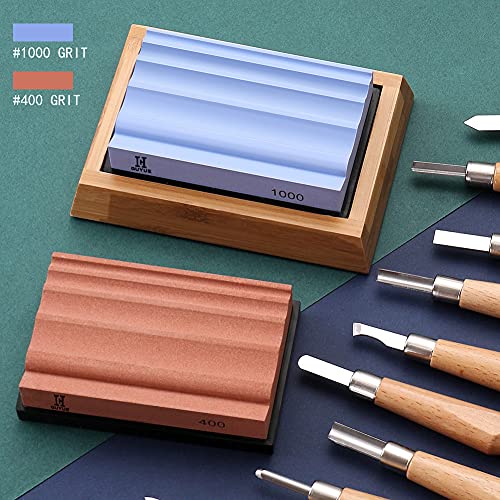 GUYUE Sharpening Stone Wood Carving Sharpener, 400 and 1000 Double Side Grit Waterstone, Best Whetstone Sharpener,For Woodworking, Wood Carving Tools, Chisels and Chisels With Non-Slip Bamboo Base