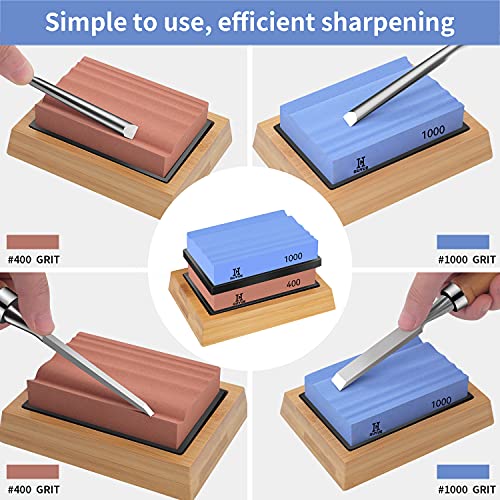 GUYUE Sharpening Stone Wood Carving Sharpener, 400 and 1000 Double Side Grit Waterstone, Best Whetstone Sharpener,For Woodworking, Wood Carving Tools, Chisels and Chisels With Non-Slip Bamboo Base