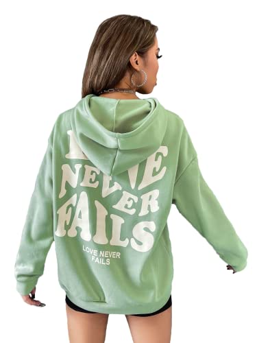 Floerns Women's Letter Graphic Print Long Sleeve Drawstring Hoodie Sweatshirt A Mint Green M