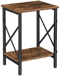 alloswell small side table, end table with storage shelf, 14.6 x 10.6 x 19.9 inches, nightstand x-shaped design, bedside table, steel frame, living room, bedroom, easy assembly, rustic brown ethr2801