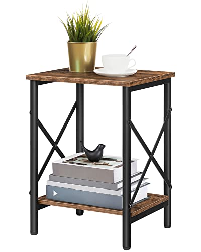 ALLOSWELL Small Side Table, End Table with Storage Shelf, 14.6 x 10.6 x 19.9 Inches, Nightstand X-Shaped Design, Bedside Table, Steel Frame, Living Room, Bedroom, Easy Assembly, Rustic Brown ETHR2801
