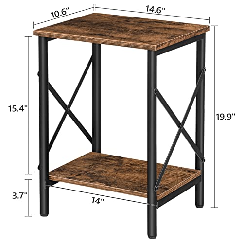 ALLOSWELL Small Side Table, End Table with Storage Shelf, 14.6 x 10.6 x 19.9 Inches, Nightstand X-Shaped Design, Bedside Table, Steel Frame, Living Room, Bedroom, Easy Assembly, Rustic Brown ETHR2801