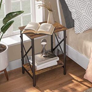 ALLOSWELL Small Side Table, End Table with Storage Shelf, 14.6 x 10.6 x 19.9 Inches, Nightstand X-Shaped Design, Bedside Table, Steel Frame, Living Room, Bedroom, Easy Assembly, Rustic Brown ETHR2801