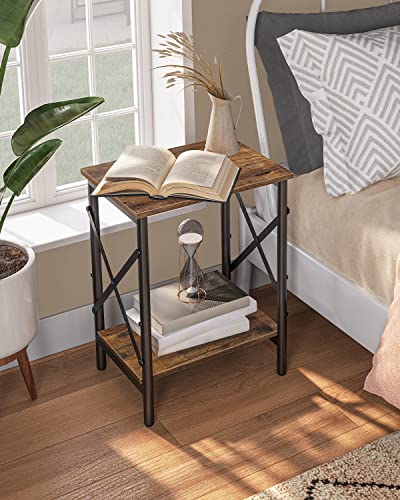 ALLOSWELL Small Side Table, End Table with Storage Shelf, 14.6 x 10.6 x 19.9 Inches, Nightstand X-Shaped Design, Bedside Table, Steel Frame, Living Room, Bedroom, Easy Assembly, Rustic Brown ETHR2801