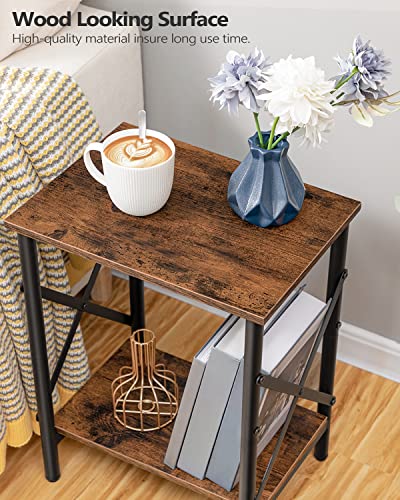 ALLOSWELL Small Side Table, End Table with Storage Shelf, 14.6 x 10.6 x 19.9 Inches, Nightstand X-Shaped Design, Bedside Table, Steel Frame, Living Room, Bedroom, Easy Assembly, Rustic Brown ETHR2801