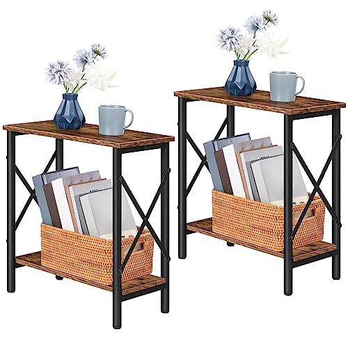 ALLOSWELL Side Tables, Hallway End Tables Set of 2, Narrow Night Stands for Livingroom, Bedroom, with Storage Shelf, Slim Night Tables X-Shaped Design, Industrial Style, Rustic Brown ETHR4801S2