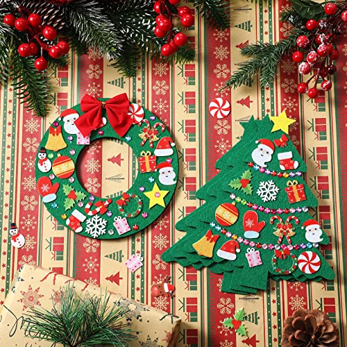 12 Pcs Felt Christmas Tree Wreath Craft Kit Christmas DIY Ornaments with 221 Self Adhesive Christmas Felt Stickers 12 Christmas Bows and 5 Gem Stickers(Wreath and Trees Style, 6 Inch, 7.8 Inch)